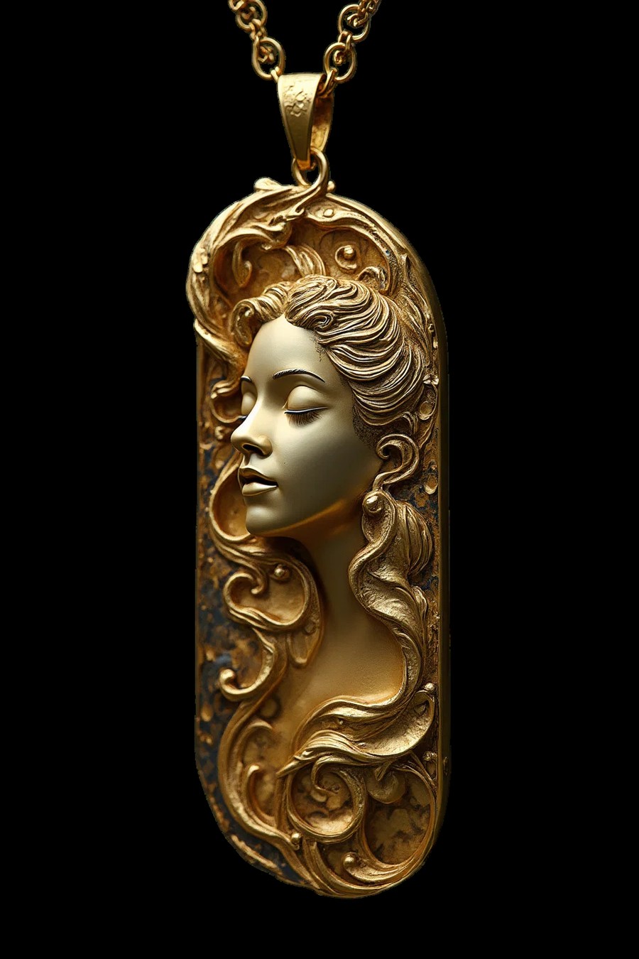 Elongated gold pendant with sculpted Art Nouveau portrait and chain