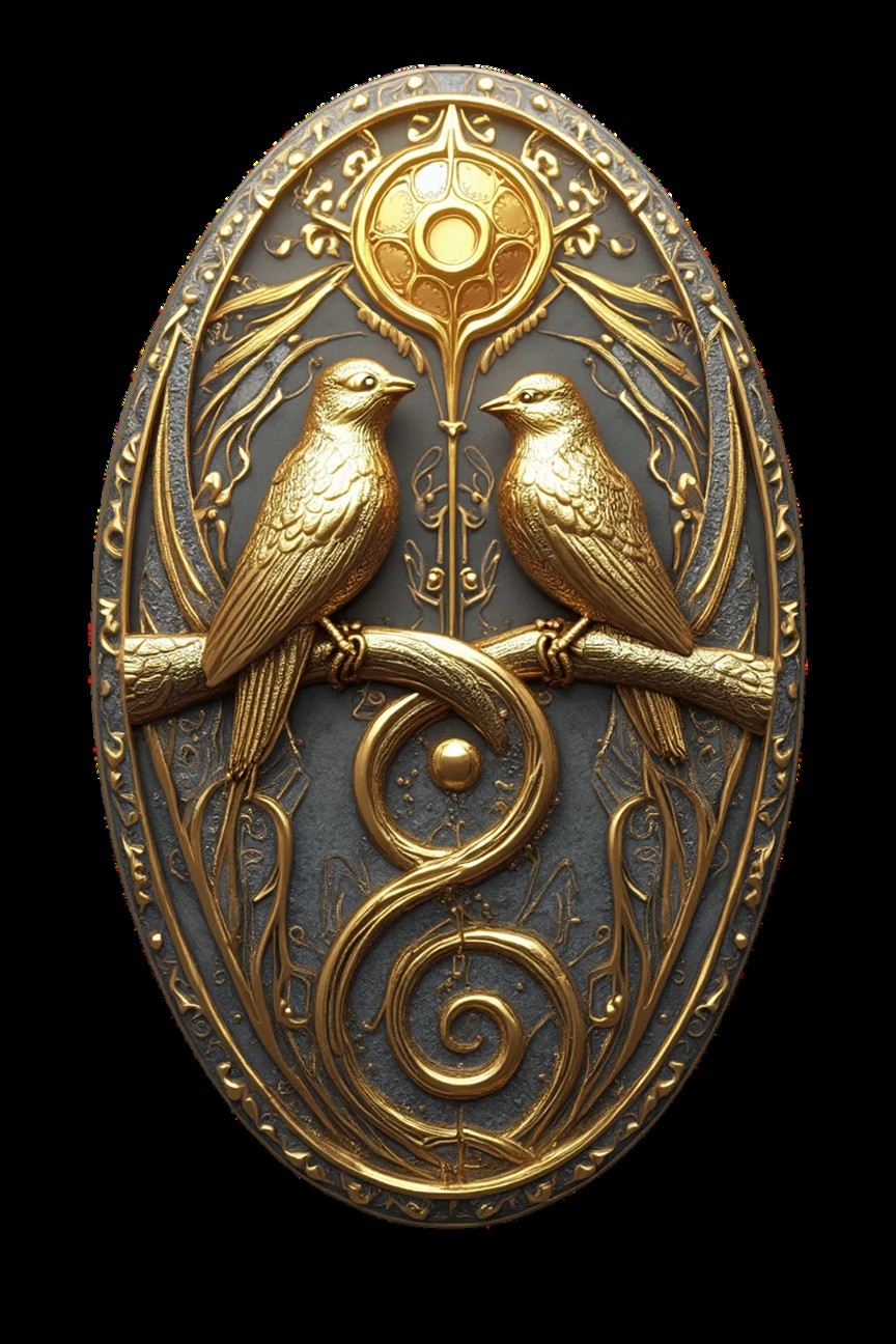 Fan-style champagne gold card case with lovebirds oval medallion