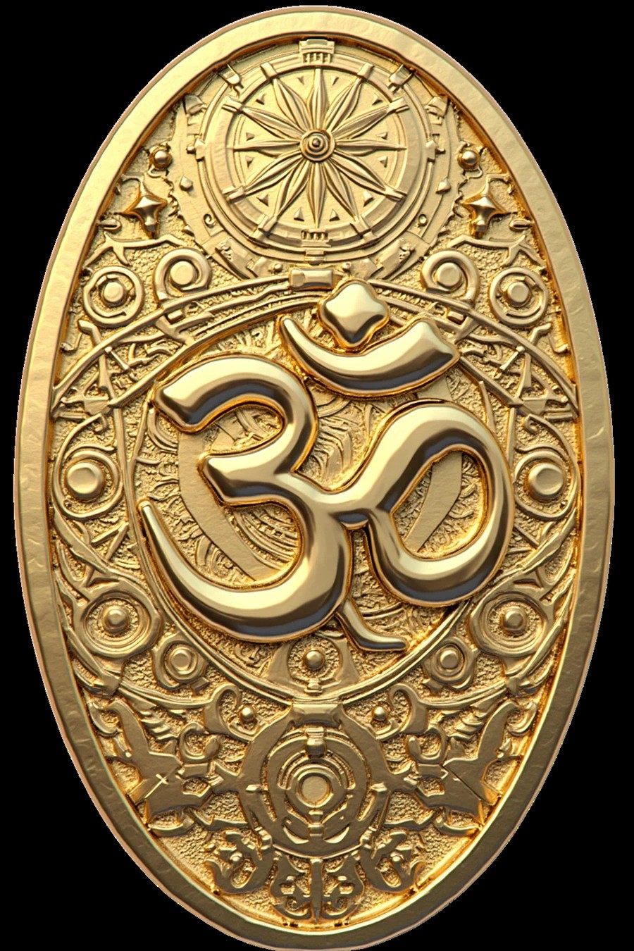 Gold oval medallion engraved with the Om symbol surrounded by mandala detailing